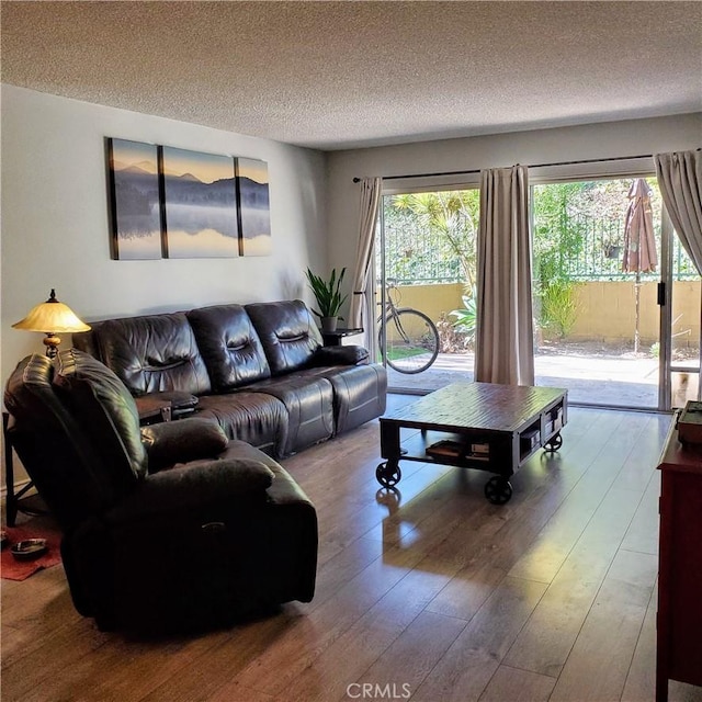 living room with a textured ceiling and hardwood / wood-style floors