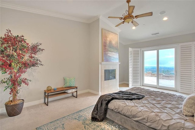 bedroom with lofted ceiling, carpet floors, access to outside, ceiling fan, and crown molding