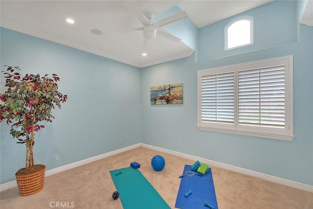 exercise area with crown molding, carpet flooring, and ceiling fan