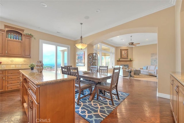 dining area featuring ornamental molding, a stone fireplace, dark hardwood / wood-style flooring, and plenty of natural light