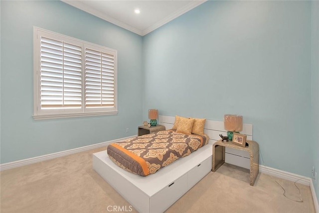 bedroom with light colored carpet and ornamental molding