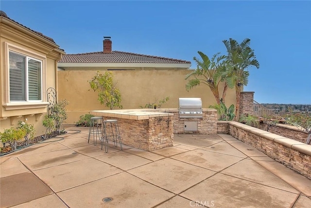 view of patio with a bar, an outdoor kitchen, and a grill