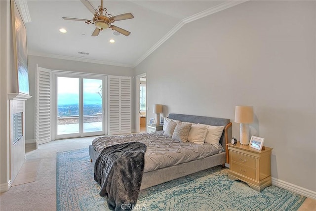 carpeted bedroom featuring crown molding, lofted ceiling, access to exterior, and ceiling fan