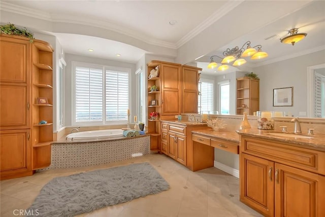 bathroom featuring crown molding, tile patterned floors, vanity, and tiled tub