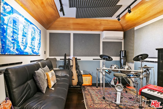 office featuring hardwood / wood-style floors, vaulted ceiling, wooden ceiling, and an AC wall unit