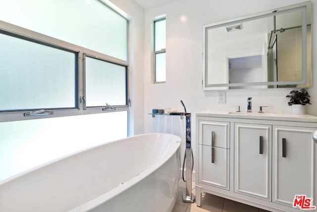 bathroom with vanity, a bathing tub, and tile patterned flooring