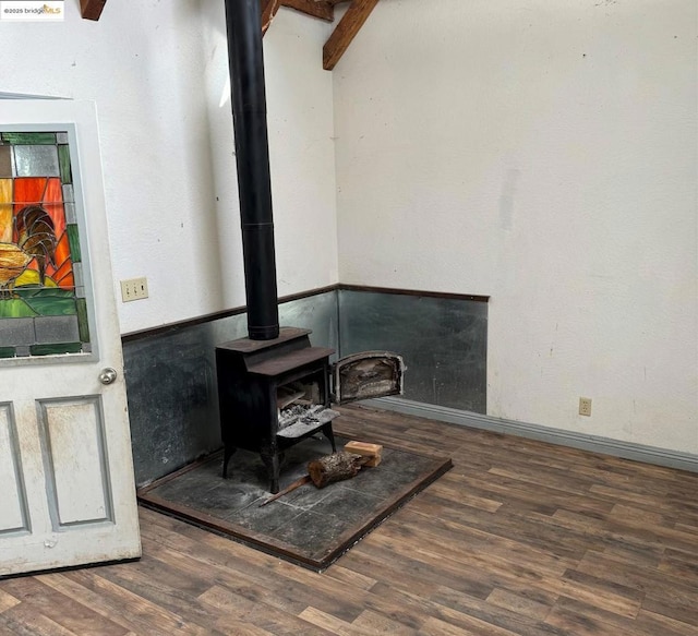 details featuring wood-type flooring and a wood stove