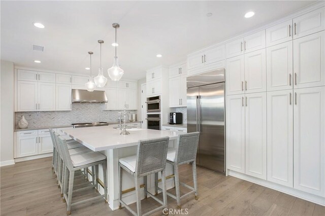 kitchen with pendant lighting, white cabinetry, stainless steel appliances, light hardwood / wood-style floors, and a kitchen island with sink