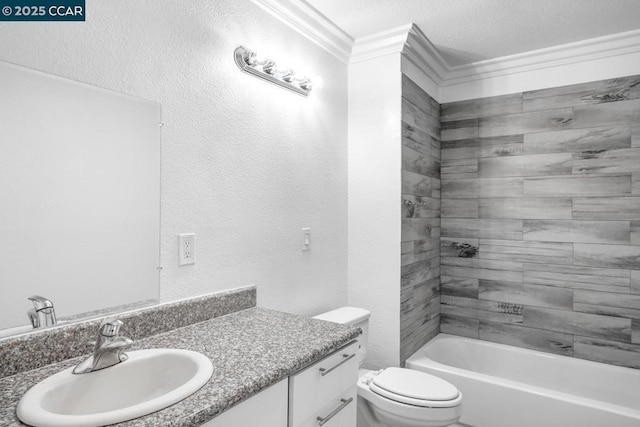 full bathroom featuring ornamental molding, shower / bathing tub combination, vanity, and toilet