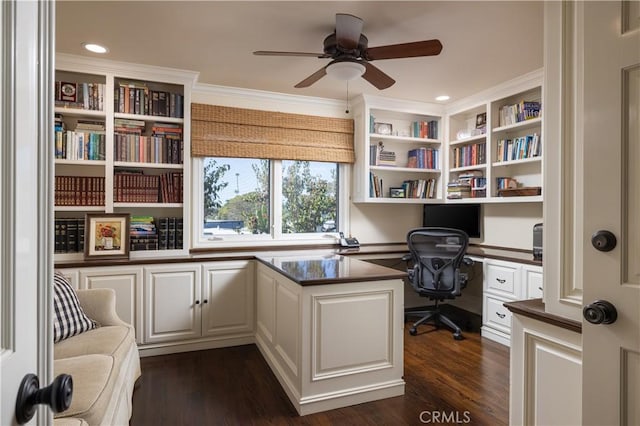 office area with ceiling fan, dark hardwood / wood-style flooring, and crown molding