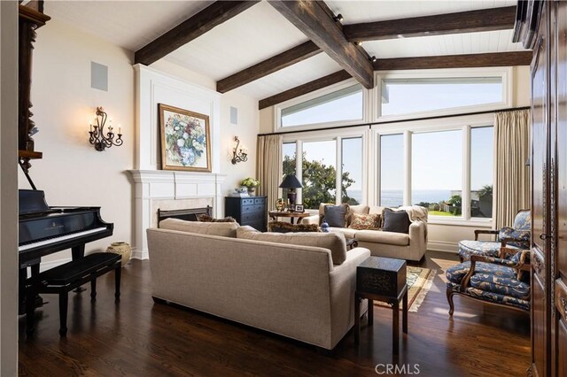 living room with a water view, lofted ceiling with beams, and dark hardwood / wood-style floors