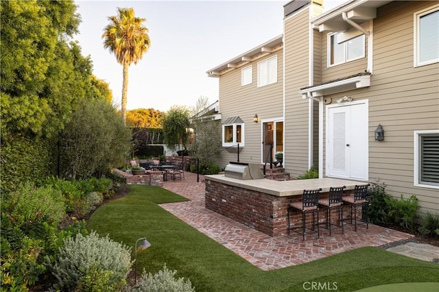 rear view of property featuring exterior kitchen, exterior bar, a patio area, and a yard