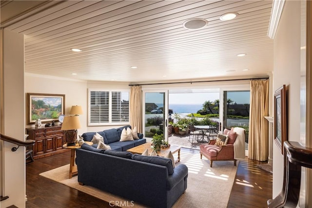 living room featuring wooden ceiling, dark hardwood / wood-style flooring, and ornamental molding