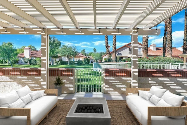 view of patio with a pergola and an outdoor living space with a fire pit