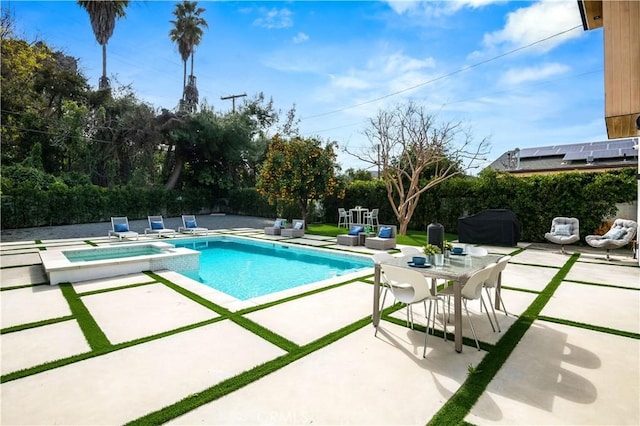 view of swimming pool with an outdoor hangout area, a patio, an in ground hot tub, and a grill