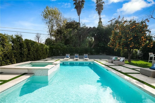 view of pool with a patio area, an in ground hot tub, and outdoor lounge area