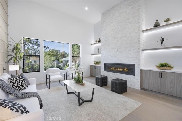 living room with a high ceiling and a fireplace