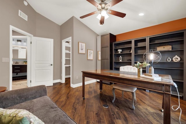 office area with lofted ceiling, ceiling fan, dark hardwood / wood-style floors, and sink