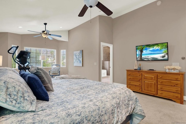 carpeted bedroom featuring ceiling fan and lofted ceiling