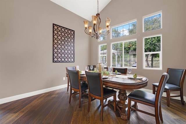 dining area featuring high vaulted ceiling, dark hardwood / wood-style flooring, and a chandelier