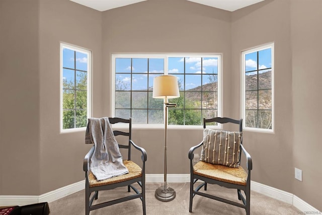 sitting room with light colored carpet