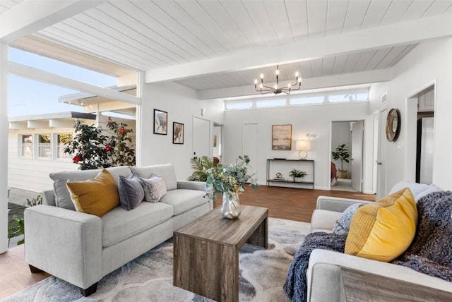 living room with wood ceiling, wood-type flooring, beam ceiling, and a notable chandelier