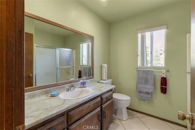 full bathroom with toilet, vanity, baseboards, tile patterned floors, and a stall shower