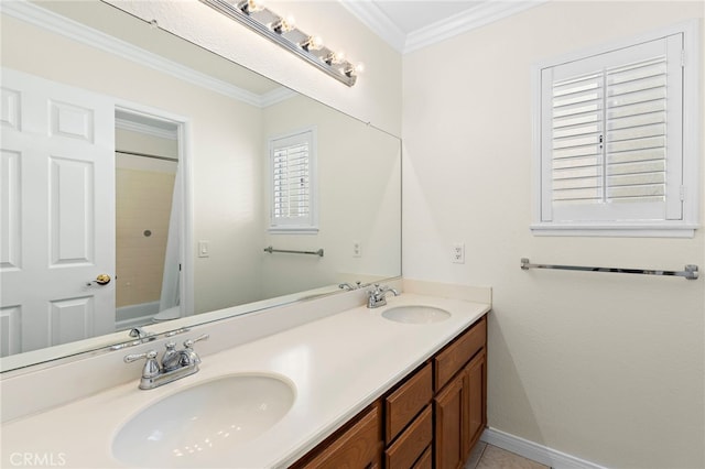 bathroom with ornamental molding, shower / bath combo, and vanity