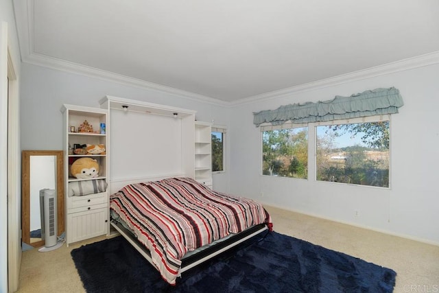 carpeted bedroom featuring ornamental molding