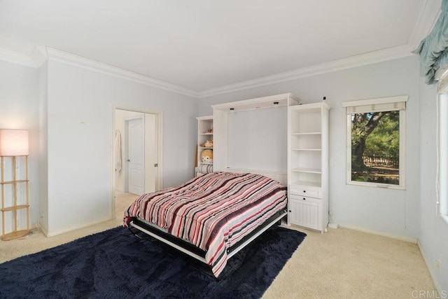 carpeted bedroom featuring ornamental molding