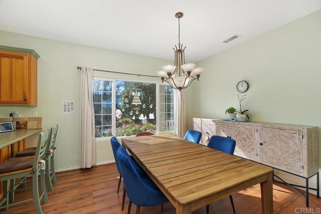 dining room with dark wood-type flooring and a notable chandelier