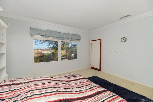 unfurnished bedroom with ornamental molding and light carpet