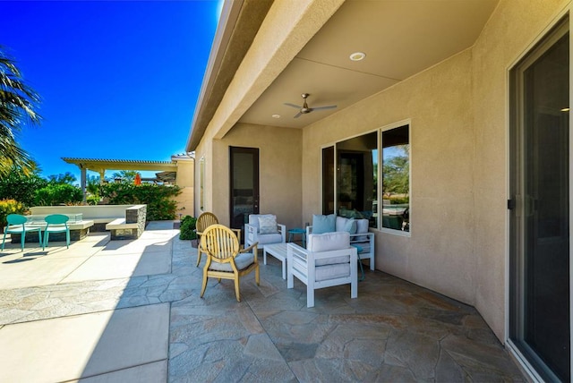 view of patio / terrace with an outdoor hangout area, a pergola, and ceiling fan