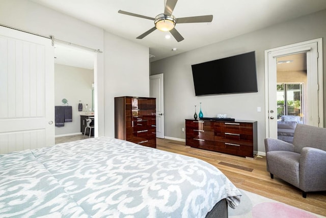 bedroom with ceiling fan, access to exterior, and light wood-type flooring