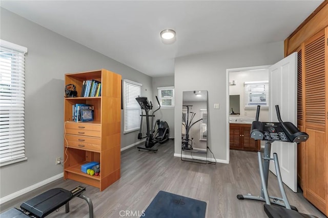 workout area featuring light hardwood / wood-style floors and a healthy amount of sunlight