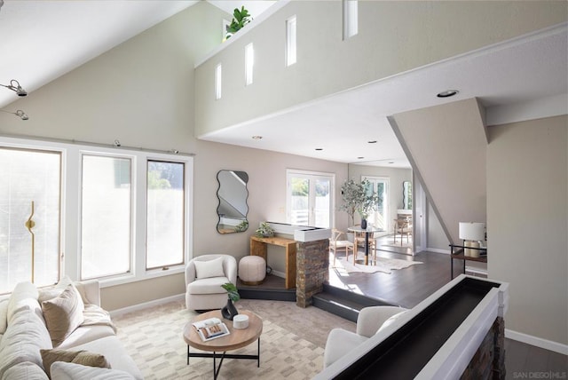 living room featuring a high ceiling, a wealth of natural light, and light hardwood / wood-style flooring