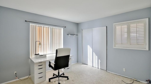 office area featuring light colored carpet