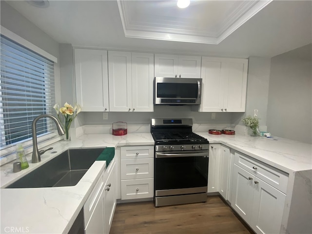 1911 E Calico Dr, West Covina, CA 91791 - kitchen featuring appliances with stainless steel finishes, a sink, a tray ceiling, white cabinets, and dark wood-style floors
