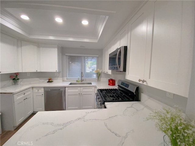1911 E Calico Dr, West Covina, CA 91791 - kitchen with stainless steel appliances, a sink, a tray ceiling, ornamental molding, and light stone countertops
