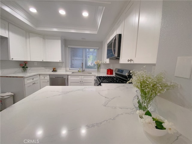 1911 E Calico Dr, West Covina, CA 91791 - kitchen featuring appliances with stainless steel finishes, a tray ceiling, light stone counters, a sink, and recessed lighting