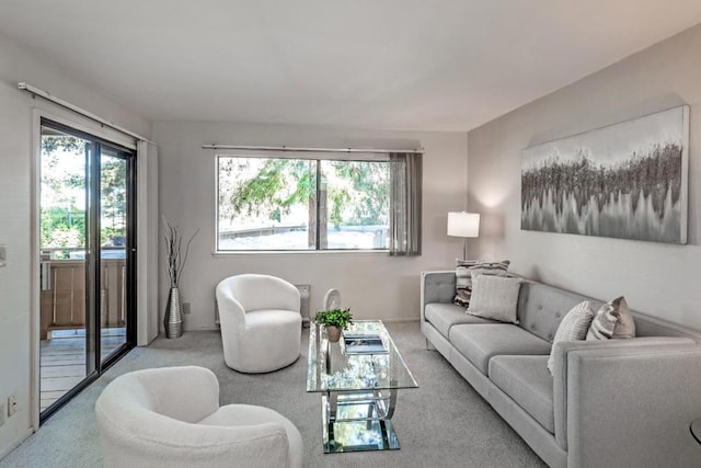 living room featuring light carpet