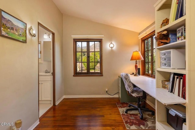 home office with lofted ceiling and dark hardwood / wood-style flooring