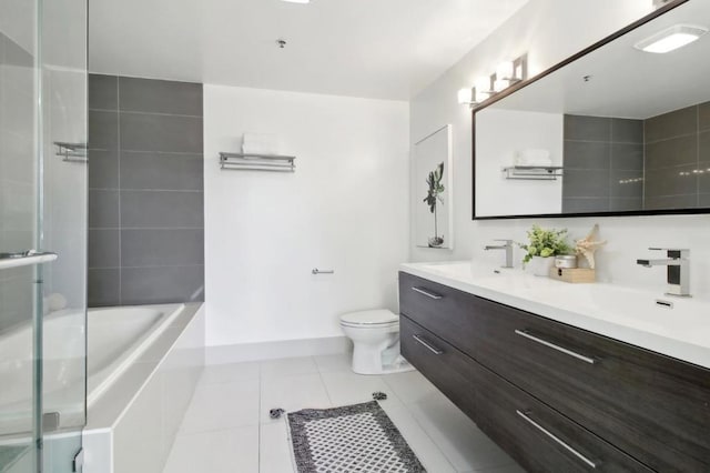 full bathroom featuring tile patterned floors, vanity, toilet, and shower with separate bathtub