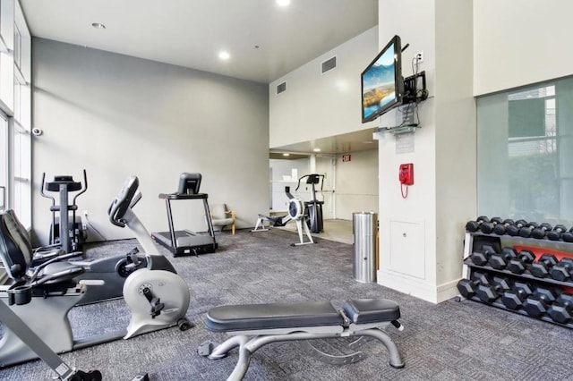 workout area with carpet floors and a high ceiling