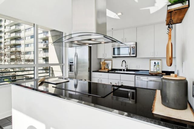 kitchen featuring island exhaust hood, stainless steel appliances, white cabinetry, and sink