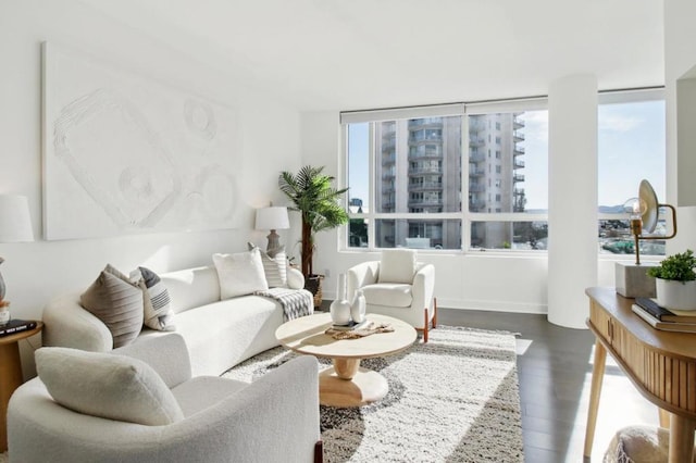 living room with plenty of natural light and dark hardwood / wood-style flooring