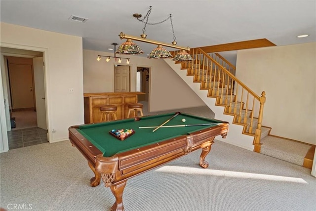 game room with billiards and carpet