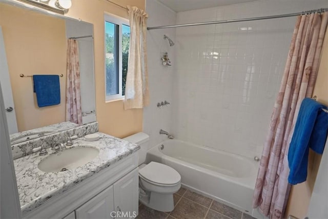 full bathroom with tile patterned flooring, vanity, shower / bathtub combination with curtain, and toilet