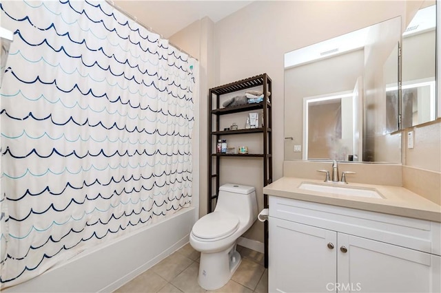 full bathroom with toilet, vanity, shower / tub combo, and tile patterned flooring