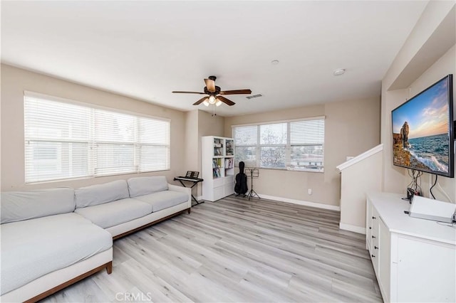 living room featuring light wood-type flooring and ceiling fan